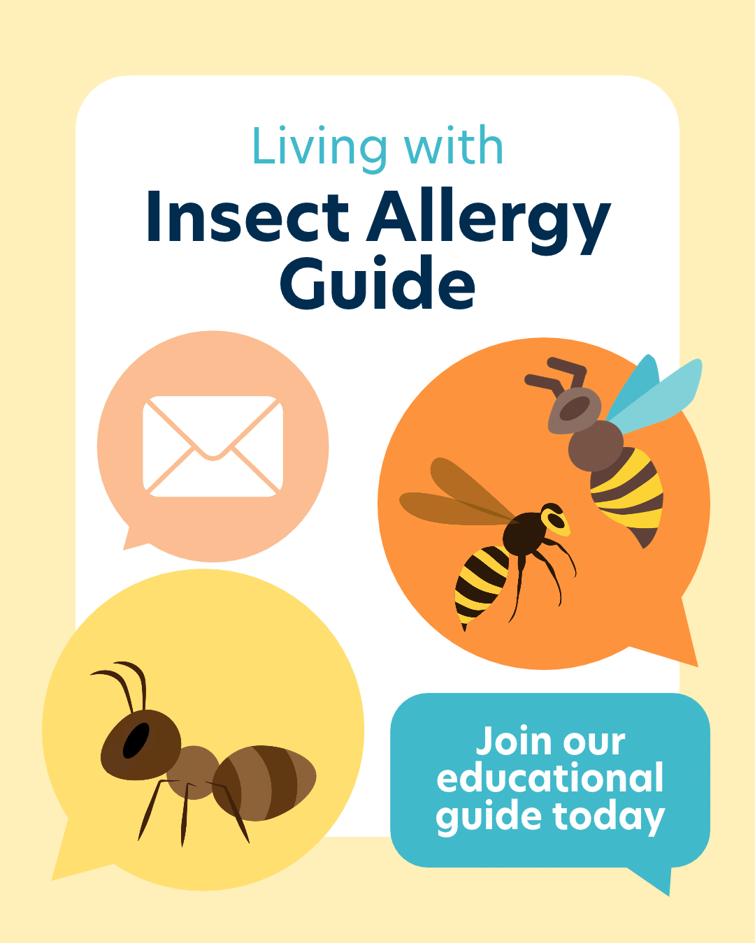 Decorative image featuring cartoon insects with the wording "Living with Insect Allergy Guide. Join our educational guide today"
