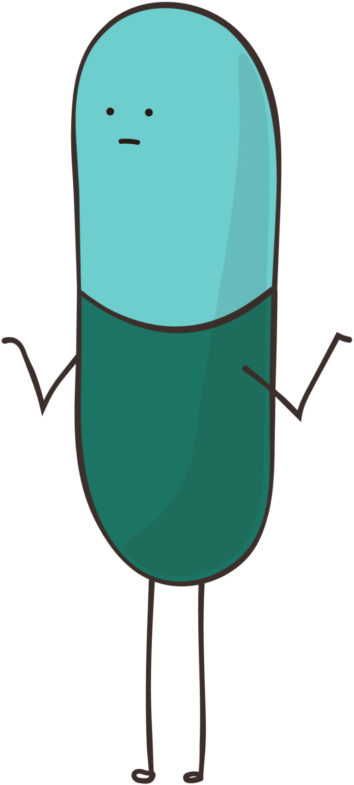 Image of a cartoon pill with a straight face, shrugging to the audience.