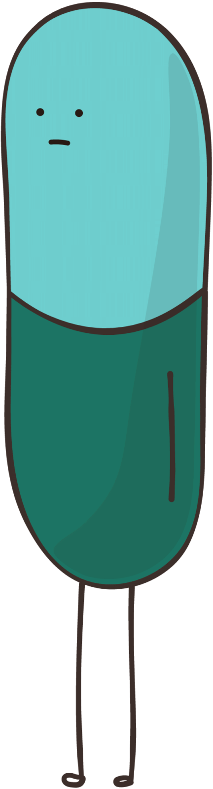 Image of a cartoon pill with a straight face.
